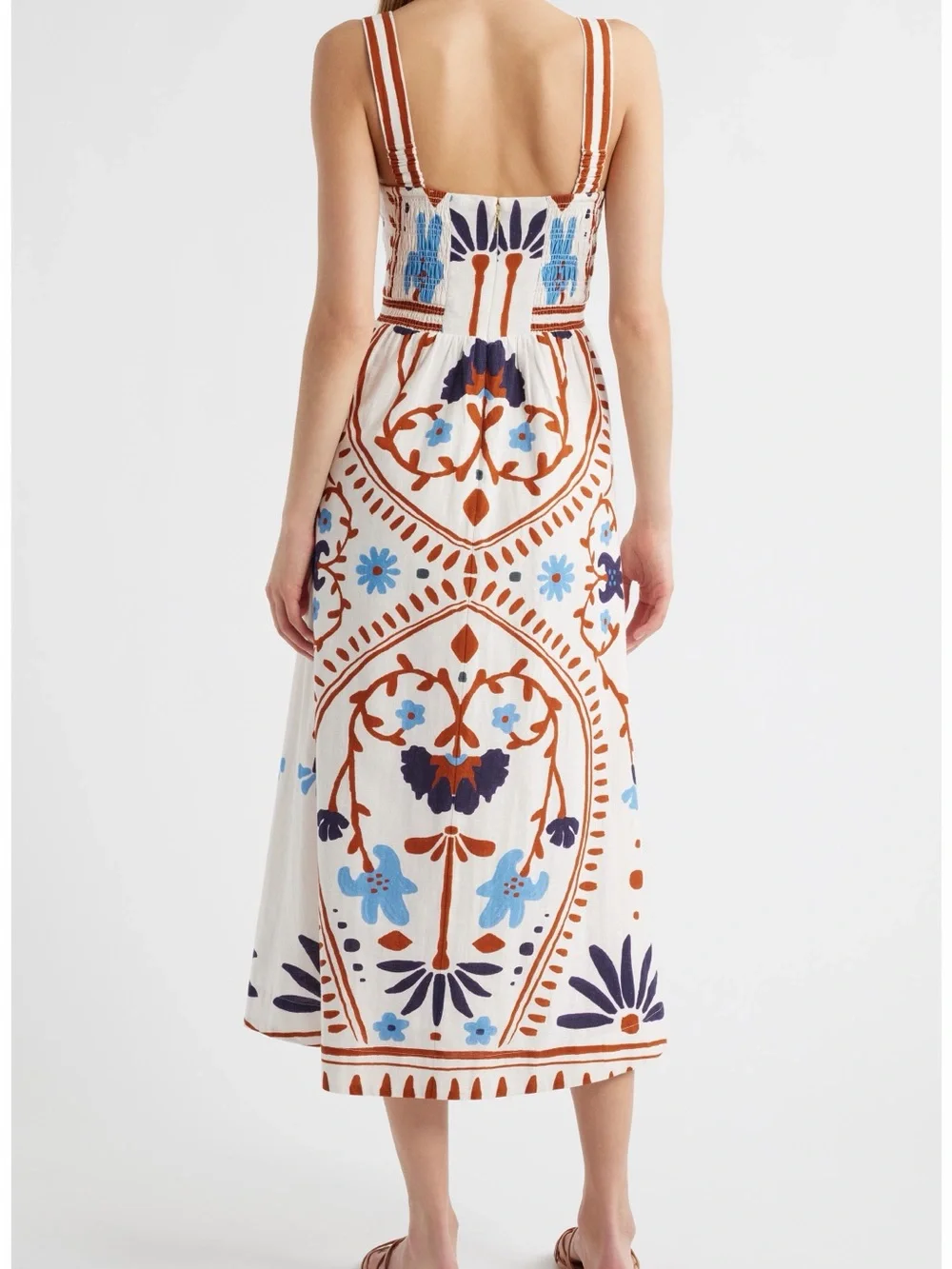 Mixed Print Cotton & Linen Midi Dress